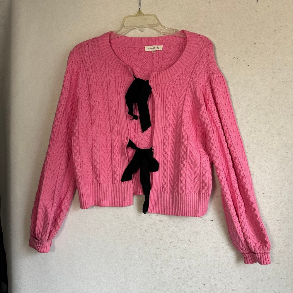 Sugar + Lips Pink Cable Knit Bow Cardigan Sweater STJ8020 Coquette Medium